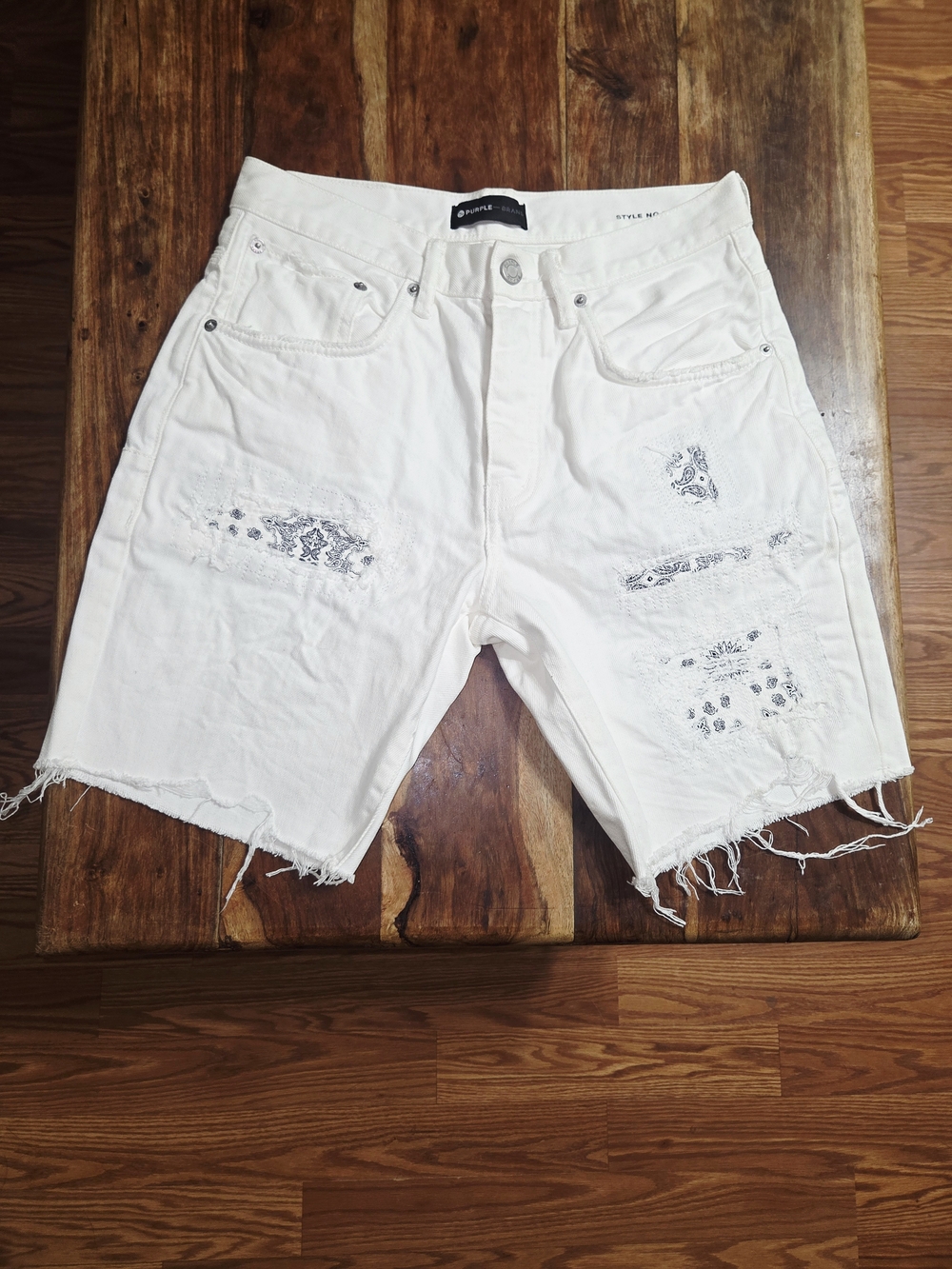Purple Brand Bandana Patch Work White Distressed Jean Shorts. Size 30W
